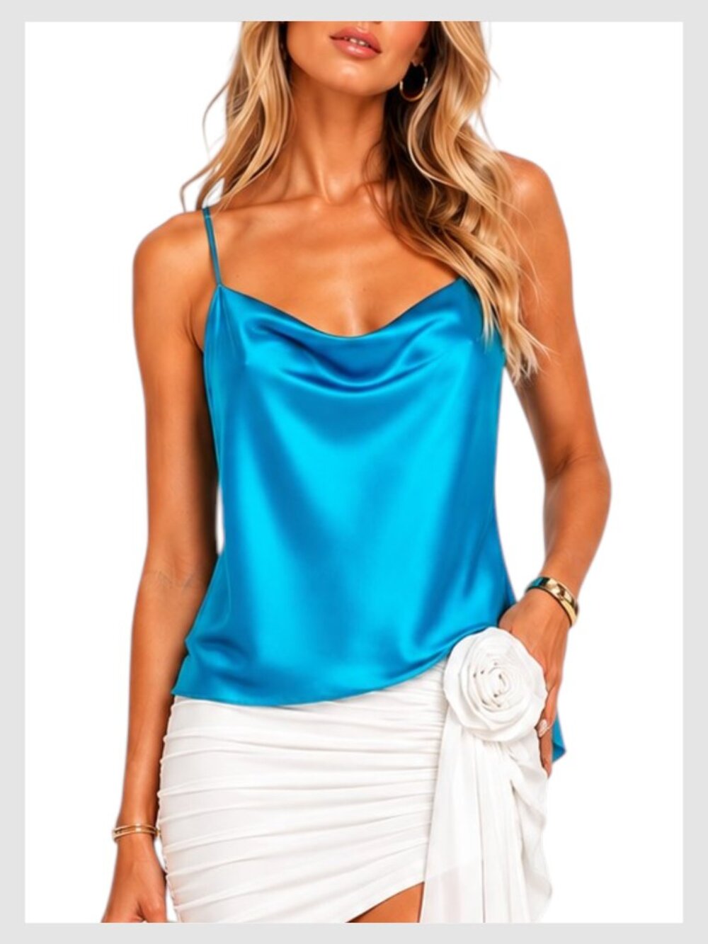 Alice + Olivia Harmon Slip Tank Blue Satin Draped Cami M